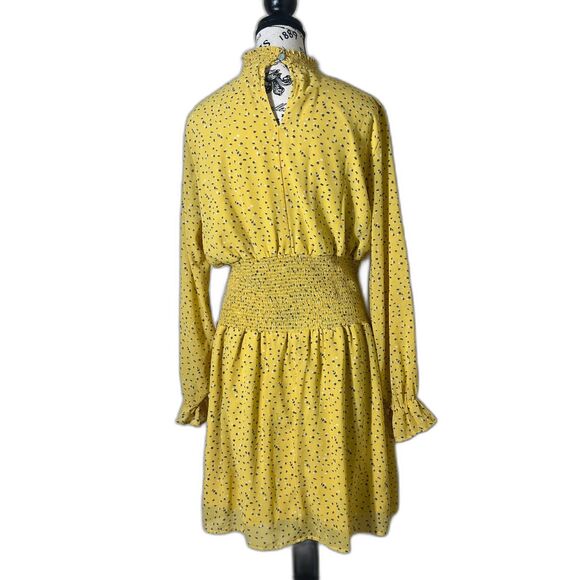 She & Sky Smocked Neck Yellow Print Dress Ruffled Long Sleeve Med Cottage BOHO - Picture 2 of 11